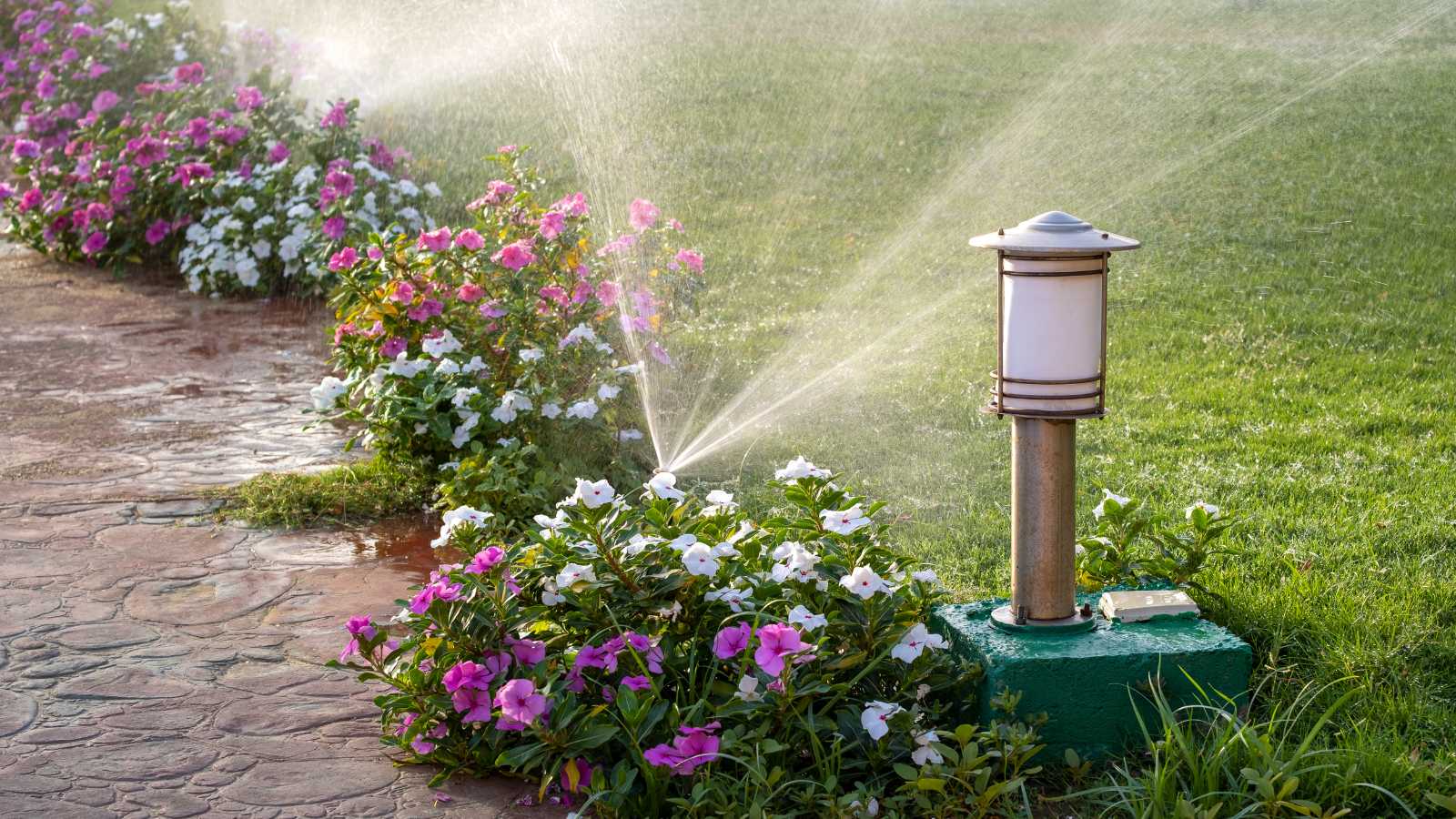 A garden with vibrant pink and white flowers being watered by a sprinkler, beside a lantern on a stone pathway.