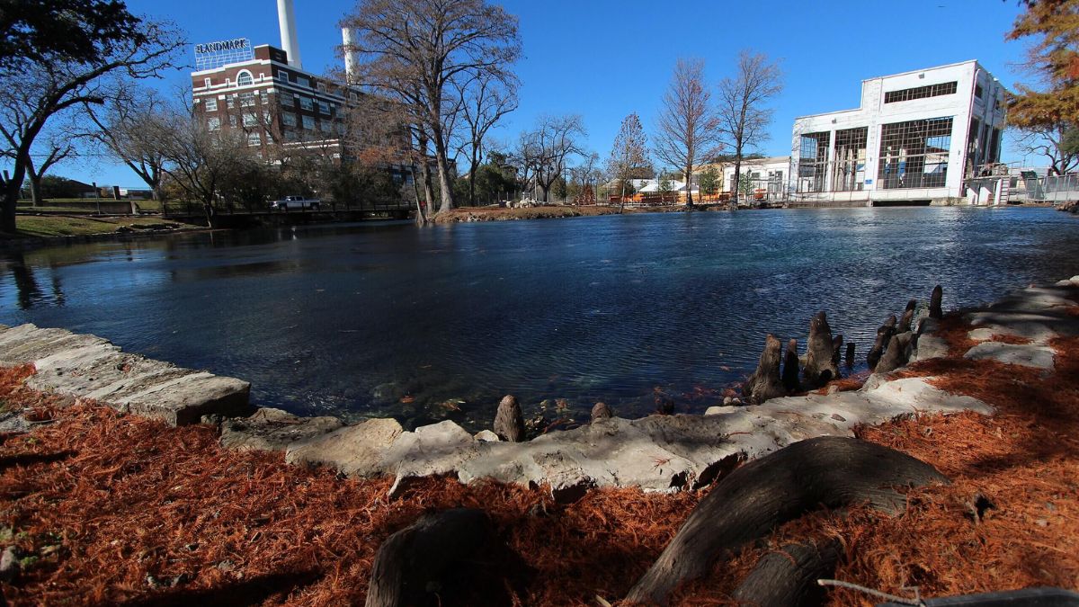 A serene pond with a building visible in the background, surrounded by greenery and reflecting the sky.