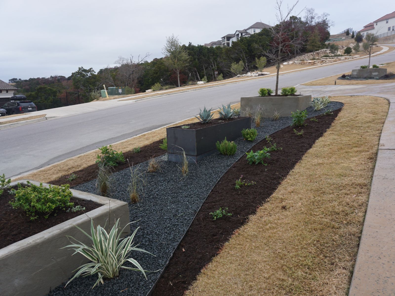 street_view_landscaping_garden_beds Sleek, modern landscaping featuring planters, gravel, and various plants along a suburban road lined with trees and houses.