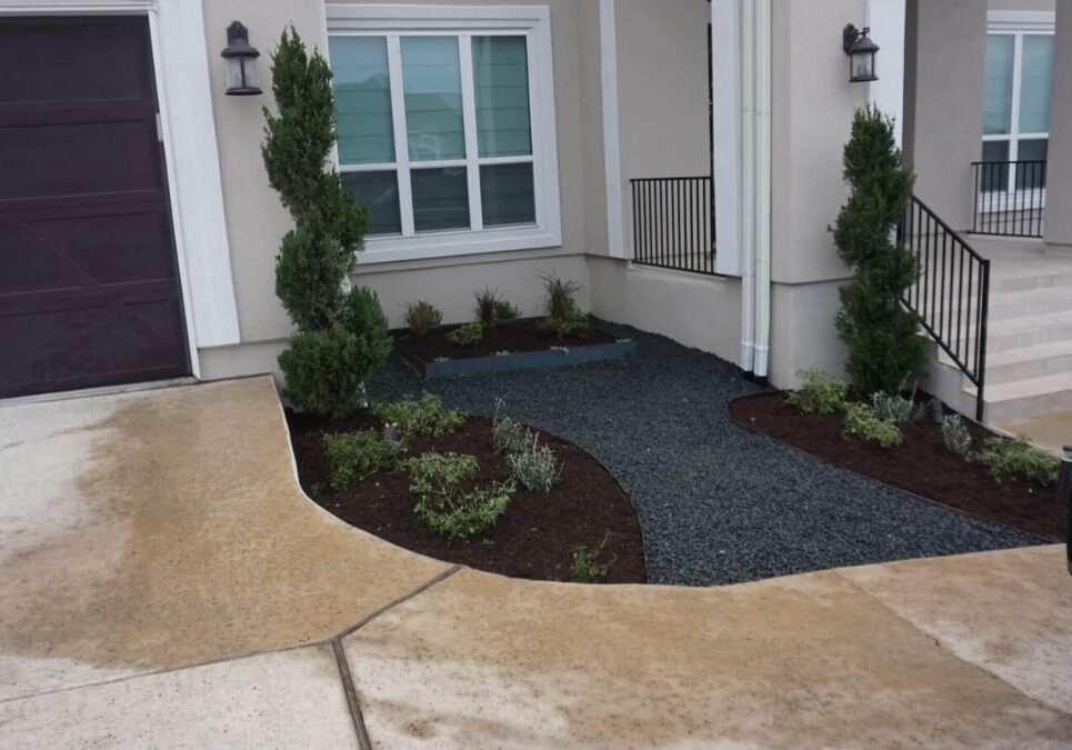 Gravel pathway with mulch beds and plants leading to front entrance in Austin, TX