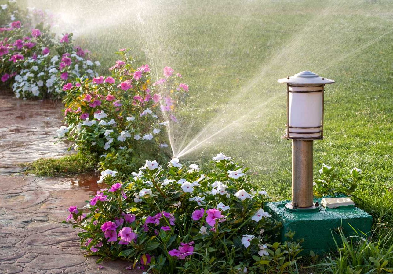 A garden with vibrant pink and white flowers being watered by a sprinkler, beside a lantern on a stone pathway.